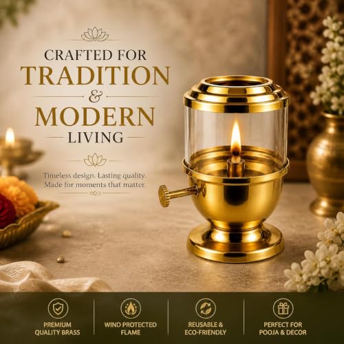 Pure Brass Akhand Jyot Diya with Borosilicate Glass Cover - 96-Hour Burn Time, 450ml