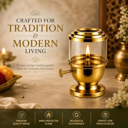 Pure Brass Akhand Jyot Diya with Borosilicate Glass Cover - 96-Hour Burn Time, 450ml