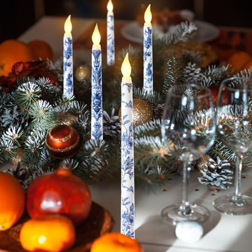 Chinoiserie Flameless LED Taper Candles - 6 Pack, 11 Inch, Blue & White