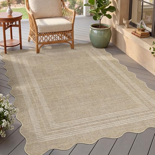 GarveeHome 5x7 Rectangular Scalloped Area Rug - Washable Non Slip Low Pile Tan