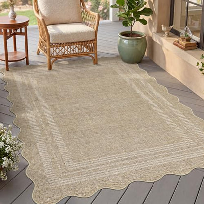 GarveeHome 5x7 Rectangular Scalloped Area Rug - Washable Non Slip Low Pile Tan