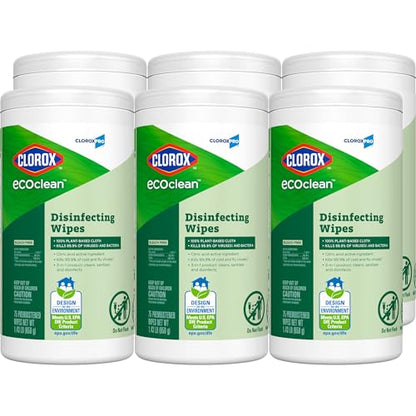CloroxPro Clorox EcoClean Disinfecting Wipes, Multipurpose 100% Plant Based Cleaning Cloths, Antibacterial Disinfectant, Safe for Multi Surface Use, 75 Count (Pack of 6)