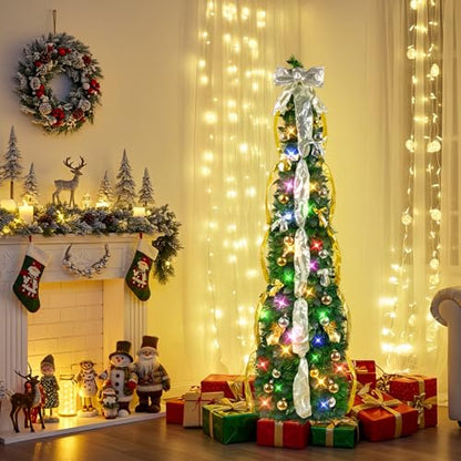 6FT Artificial Christmas Tree with Lights and Timer - Collapsible & Pre-Decorated