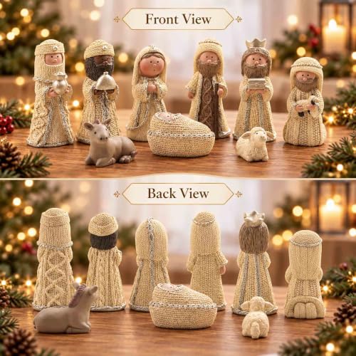 9 Piece Nativity Set with Knit-Look Resin Figures - Christmas Scene Decor
