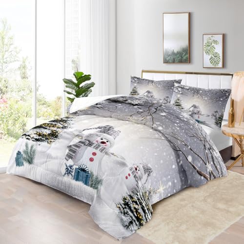 King Size Christmas Snowman Comforter Set - Snowy Forest Bedding, 104x90 Inch