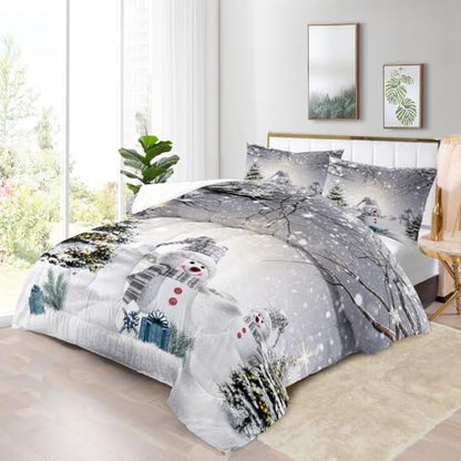 King Size Christmas Snowman Comforter Set - Snowy Forest Bedding, 104x90 Inch