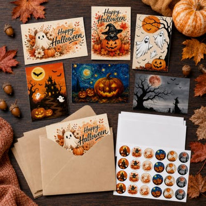 Halloween Greeting Cards Set with Envelopes and Stickers - 24 Pack 4x6in