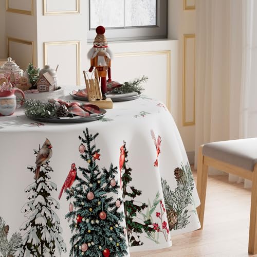 Christmas Round Tablecloth 60x60 Inch Pine Tree Birds Winter Decor Washable