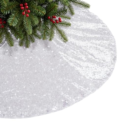 Silver Sequin Christmas Tree Skirt 36 Inch Holiday Base Mat for Xmas Decor