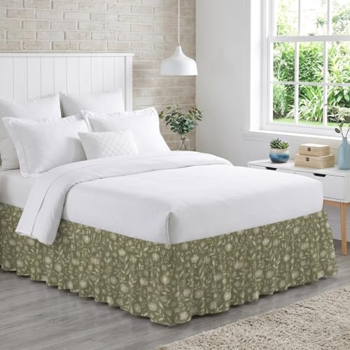 King Size Bed Skirt 16 Inch Drop - Sage Green Rustic Wildflowers Wrap Around Bedding