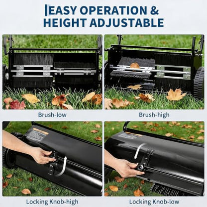 26-Inch Push Lawn Sweeper Leaf & Grass Collector Black with Stepless Height Adjustment