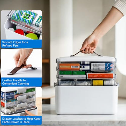 4-Tier Medicine Organizer Box with Handle & Side Latches, Large Capacity