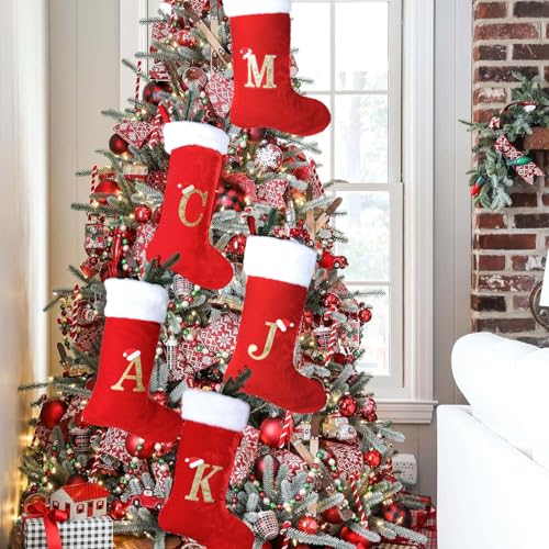 Monogram Christmas Stockings with Letters - 18 Inch White Plush Cuff with Red Velvet - Holiday Gift & Decor - Variation A
