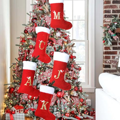 Monogram Christmas Stockings with Letters - 18 Inch White Plush Cuff with Red Velvet - Holiday Gift & Decor - Variation A