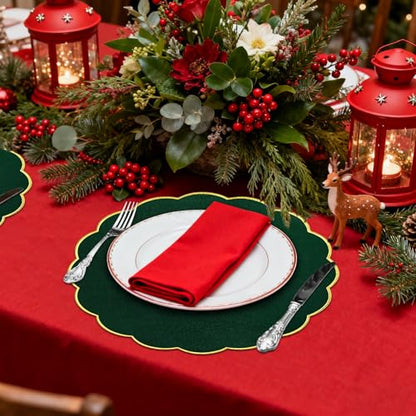 Green Christmas Velvet Placemats Set of 4 - Scalloped Round Table Decor, 14.5 Inch, Washable & Heat Resistant