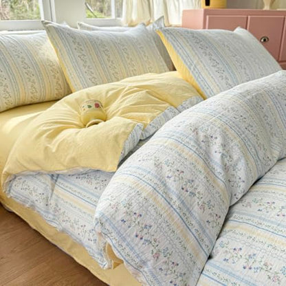 Queen Floral Comforter Set Blue Striped Floral Reversible Bedding