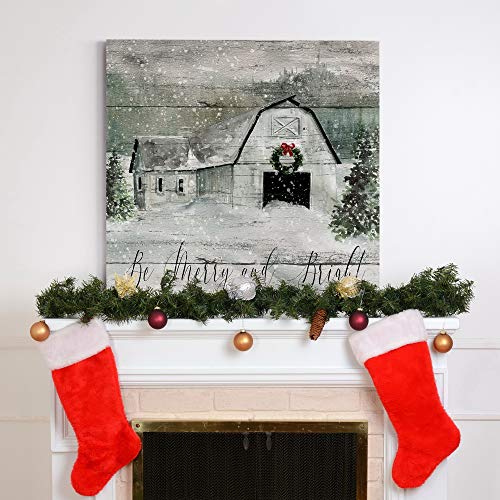32x32 Inch Holiday Wall Art Canvas - Be Merry and Bright Winter Decor, Festive Barn Faux Wood Look, Ready to Hang, Made in USA
