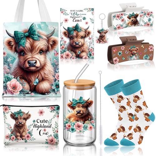 Blue-Green Highland Cow Gift Set with Mug Socks Keychain Cosmetic Bag