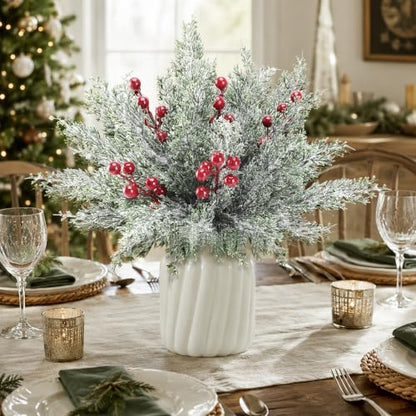 50Pcs Christmas Snow Pine Branches with Red Berries - Snowy Norfolk Pine Stem Set