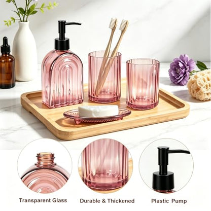 Glass Bathroom Accessories Set - 4 Piece Pinkish Tumbler Soap Dispenser & Dish