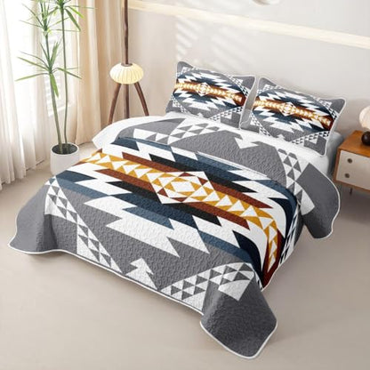 Kids Bedding Quilt Set Queen Size Blue Gray Aztec Bohemian 3 Pieces with Pillowcases - Variation of THIS listing