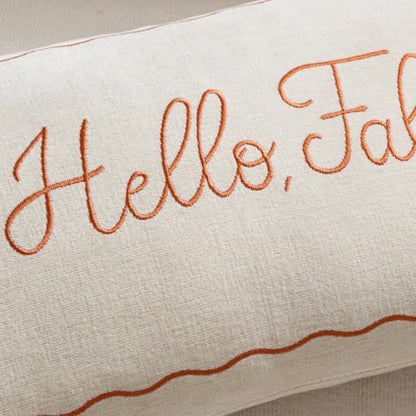 Embroidered Fall Pillow Cover 12x20 Beige - Farmhouse Thanksgiving Decor