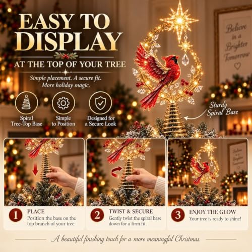 Christmas Tree Topper with Cardinal Design and Lighted Glow - 1pc