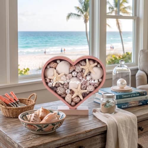 Heart-Shaped Wooden Seashell Display Stand with LED Light and Custom Name - Coastal Shadow Box