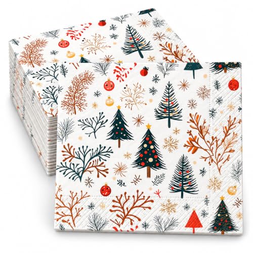 Christmas Paper Napkins Set - Multicolor Square Design, 50 Count, 6.5 x 6.5 Inches