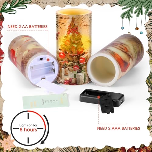 Retro Christmas Flameless Candles Set with Remote Timer - Real Wax LED Pillar Candles, White, 3 Pieces