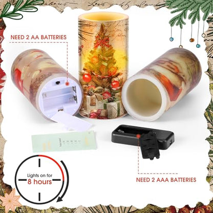Retro Christmas Flameless Candles Set with Remote Timer - Real Wax LED Pillar Candles, White, 3 Pieces