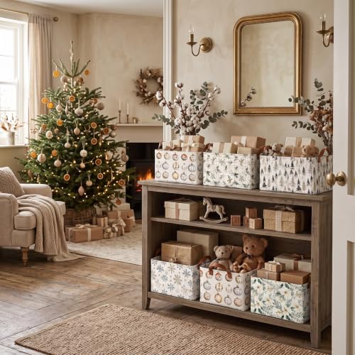 Christmas Storage Baskets Set of 6 Collapsible Cotton Gift Bins Beige Natural
