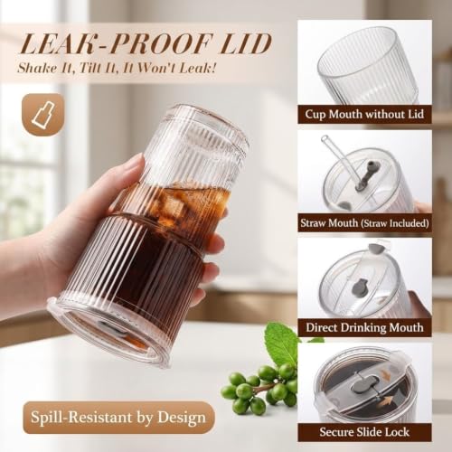 4 Pack 20oz Ribbed Glass Iced Coffee Cups with Lids & Straws - Clear