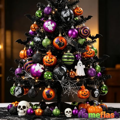 45pcs Halloween Tree Ornaments Set - Shatterproof Halloween Decorations with Jack-o'-Lantern, Bat, Ghost & Witches Hat Designs