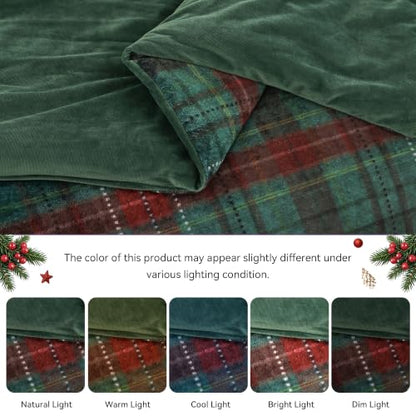 King Comforter Set Green Plaid Flannel 3 Pieces - Christmas Bedding