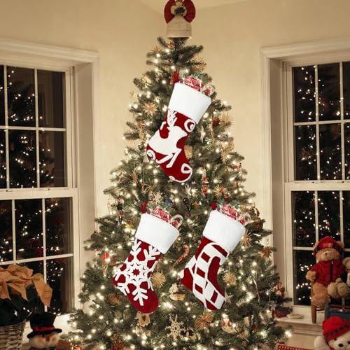 Set of 3 Red Embroidered Christmas Stockings - 18 Inch Holiday Decor