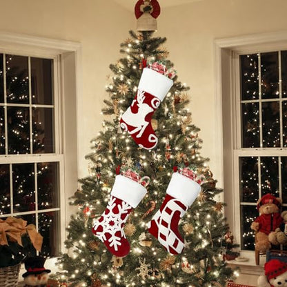 Set of 3 Red Embroidered Christmas Stockings - 18 Inch Holiday Decor
