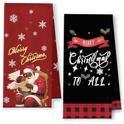 Christmas Black Santa Kitchen Towels Set of 2 - Santa Angel Casual Variation
