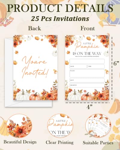 Fall Baby Shower Invitations with Pumpkin Design - Pack of 25