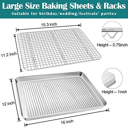 TeamFar Baking Sheet and Cooling Rack Set, 16 x 12 x 1 inch Stainless Steel Baking Pan Cookie Sheet with Grid Rack for Kitchen Cooking Roasting, Healthy & Non-toxic, Dishwasher Safe (2 Pans+2 Racks)