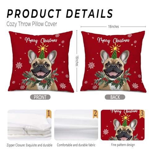 Frenchie Dog Christmas Throw Pillow Cover 18x18 - Red Xmas Snowflake Decor - Color 12