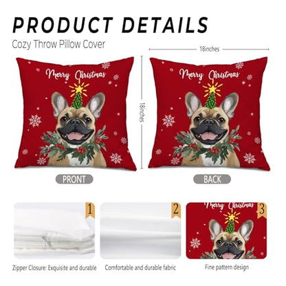 Frenchie Dog Christmas Throw Pillow Cover 18x18 - Red Xmas Snowflake Decor - Color 12
