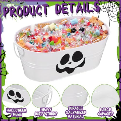 Halloween Galvanized Buckets Set - 4 Gallon Candy & Drink Buckets with Pumpkin Ghost Pattern - Orange & White, Variation: Pumpkin Ghost / Orange, White / 2