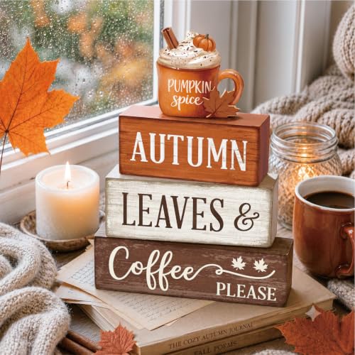 Fall Tiered Tray Decor Set with Pumpkin Latte - Wooden Autumn Decorations