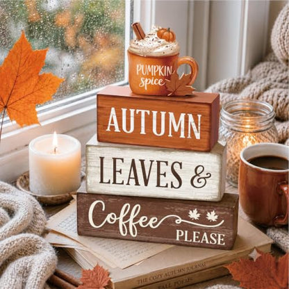 Fall Tiered Tray Decor Set with Pumpkin Latte - Wooden Autumn Decorations