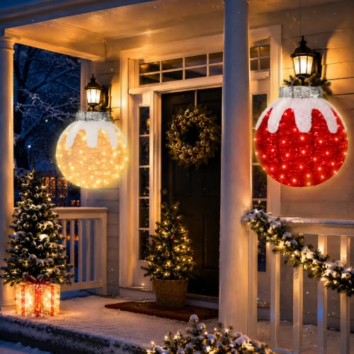 Lighted Outdoor Christmas Ornaments Set - Red & Beige 2 Pack with 160 LED Lights
