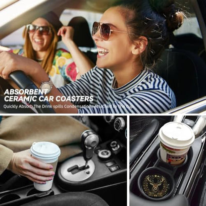 RIWOBI Deer Moon Car Coasters for Cup Holders - Blue Absorbent Ceramic Set