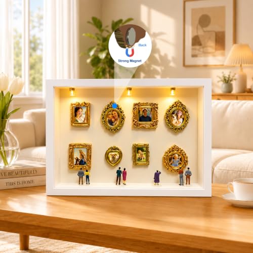 Mini Museum Shadow Box Frame Set with 8 Mini Gold Frames & LED Lights - White
