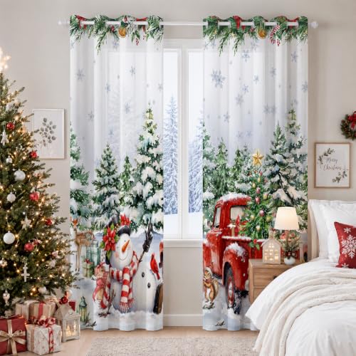 Christmas 01 Snowman Red Truck Holiday Window Curtain Set - 52 x 84 Inches, 2 Panels