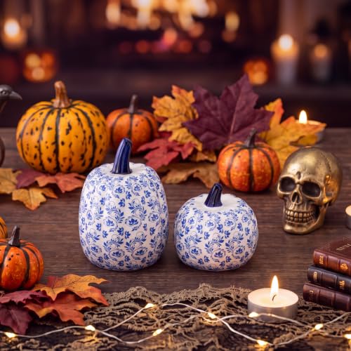 Set of 2 Blue and White Ceramic Pumpkin Decor for Thanksgiving - Chinoiserie Style